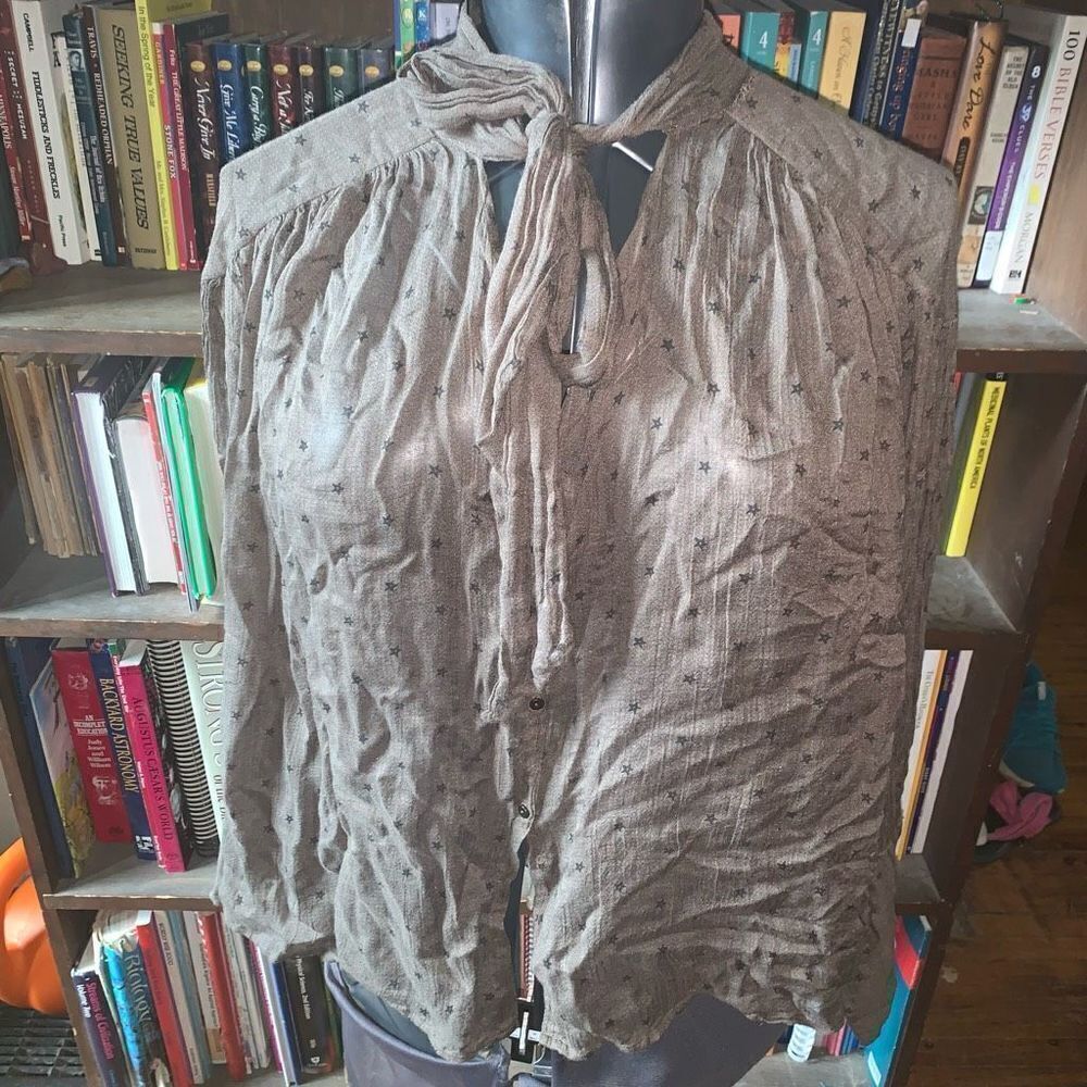 FP One semi sheer flowy button down chocker tie neck stars XS blouse